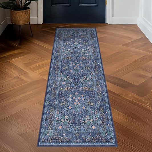 Non Slip 2x7 Dark Blue Hallway Runner - Long Runner Rugs for Bathroom, Washable Kitchen Floor Mat, Bedroom Bedside - Dusky Navy Vintage Floral Décor