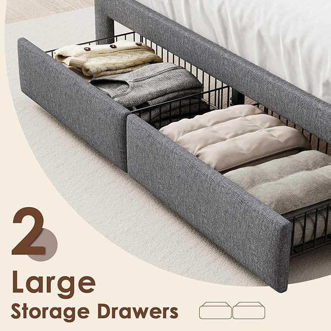 LED Full Size Bed Frame with 2 Storage Drawers, Upholstered Full Bed Frame with Headboard and Charging Station, No Box Spring Needed, Easy to Assembly-Light Grey