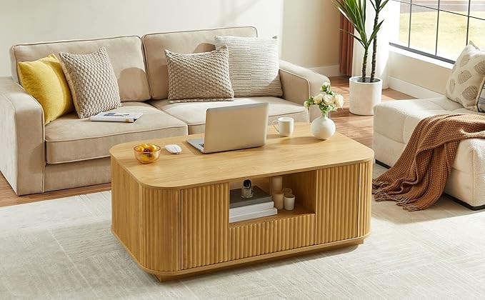 Coffee Table for Living Room, 46.5 Inch Modern Oval Coffee Table with Storage & 2 Drawers, Mid-Century Minimalist Wood Center Table with Hidden Compartments, Adjustable Feet (Black)