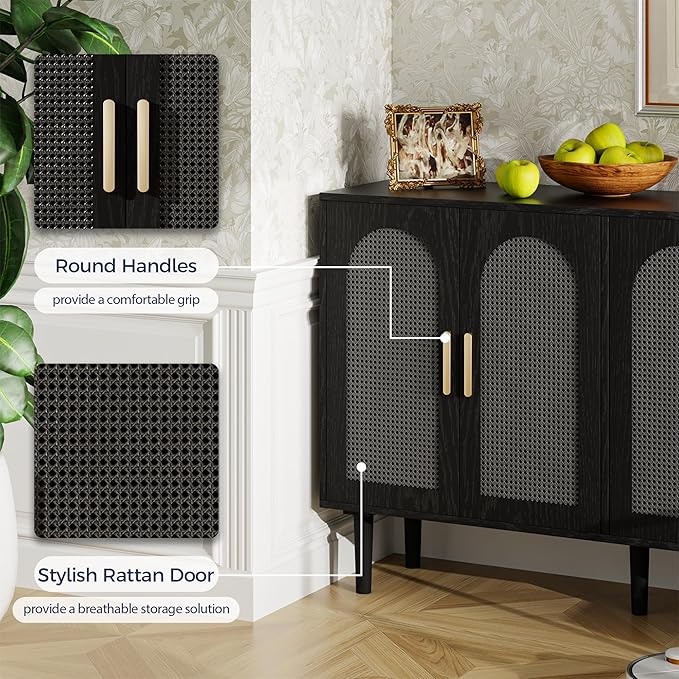 4-Door Rattan Sideboard Buffet Cabinet, 47" Large Storage Cabinet with Shleves, Wood Modern Accent Credenza Kitchen Table for Dining Room, Living Room & Entryway, Black & Grey