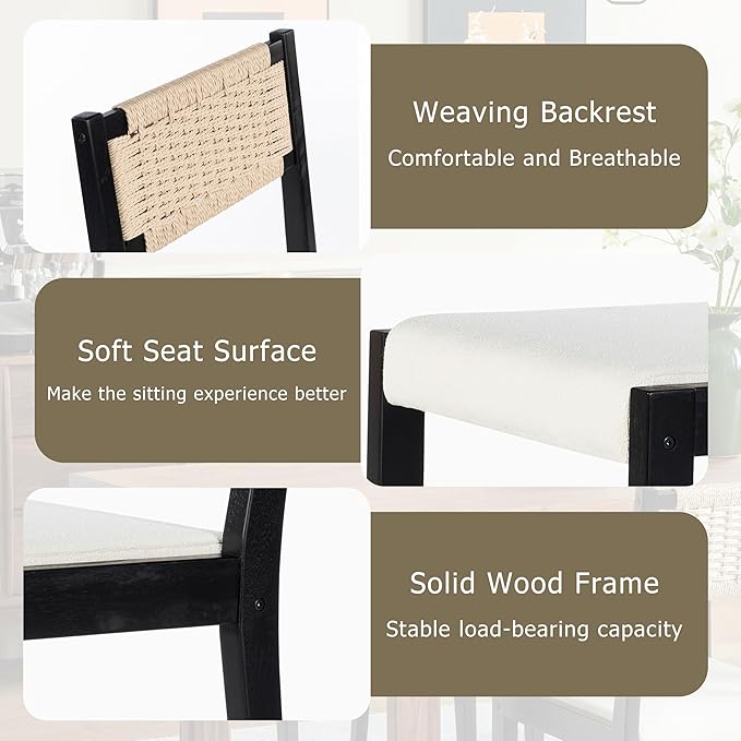 Chogori Wooden Dining Chairs, Modern Farmhouse Kitchen & Dining Room Accent Side Chairs with Woven Rope Back and Fabric Upholstered for Home, Living Room (Black, Set of 2)