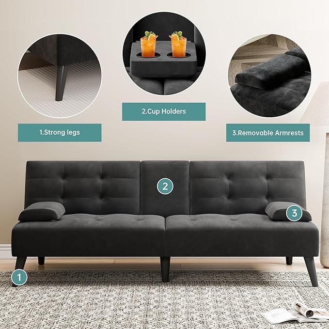 Meilocar Convertible Futon Sofa Bed Couch, Small Sofa Couch Recliner, 64" Adjustable Sleeper Sofa Bed for Living Room, Removable Armrest, 2 Cup Holders, Black