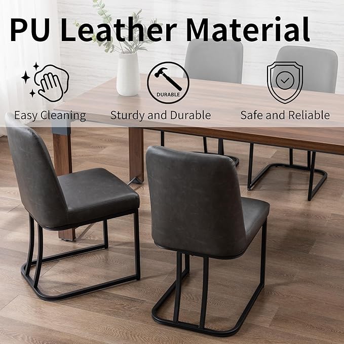 Charcoal PU Leather Dining Chairs Set of 6 Mid Century Modern Comfortable Dining Room Chair with Curved Backrest, Upholstered Kitchen Side Chairs with Black Metal Legs