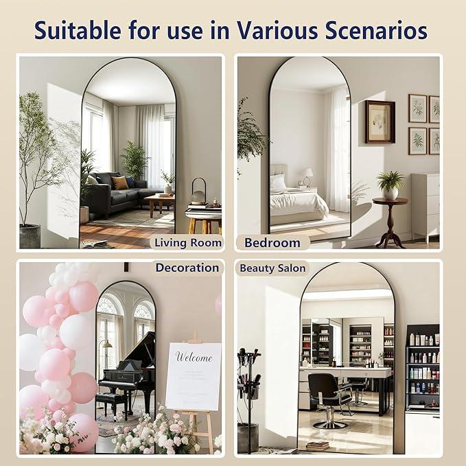Arched Full Length Mirror,67" L x 30" W Floor Mirror, Aluminum Alloy Frame, Shatterproof Glass - Free Standing, Leaning or Wall Mounted for Bedroom, Living Room, Entryway, Modern Home (Black)
