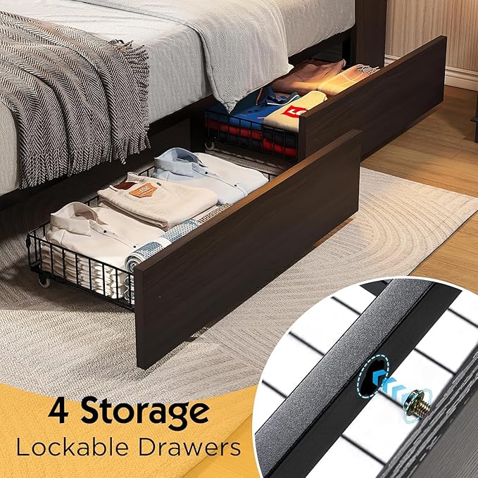 Queen Farmhouse Bed Frame with Bookcase Headboard and 4 Drawers, LED Storage Bed with Charging Station & Linen Upholstered, No Box Spring Needed,Black