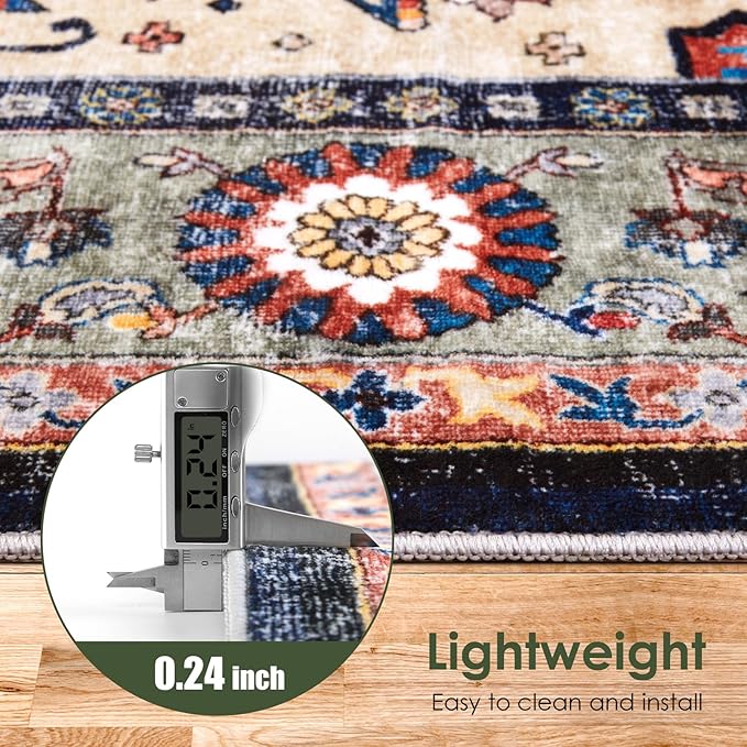 Washable Living Room Area Rugs - 9x12 Large Soft Machine Washable Non-Slip Low Pile Area Rugs, Vintage Oriental Neutral Carpet for Bedroom Dining Room Dorm Office Decor Red/Beige