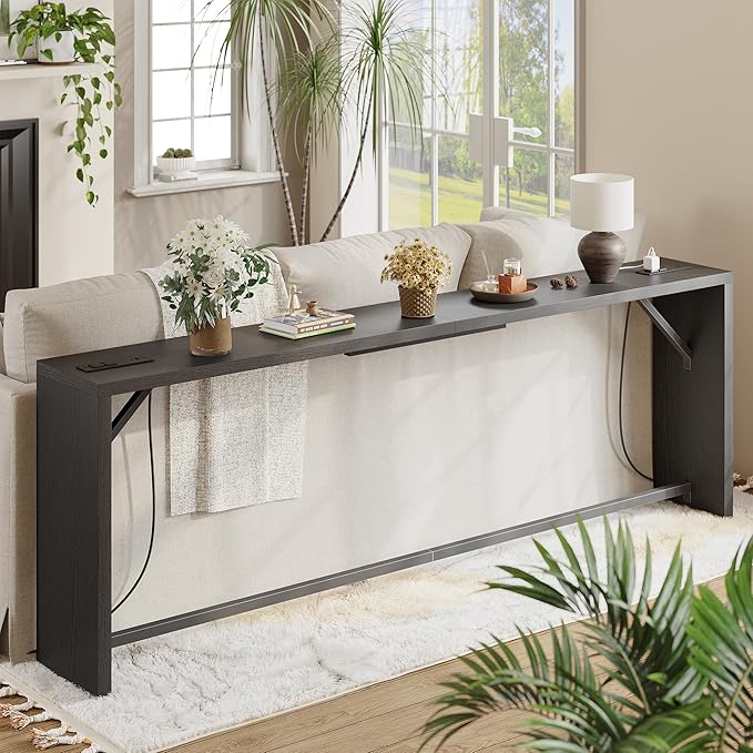 TIQLAB Sofa Table, 79''L x 9.1''W (1.2'' Thickness) Long Console Table Behind Couch, Entryway Table with Angled Metal Frame, Industrial Console Table, Black