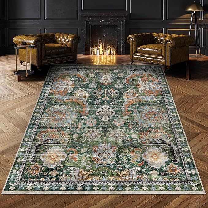 RUGSURE Washable Area Rugs - Perfect for Living Room, Bedroom, Kids Room, Nursery - Stain & Water Resistant Non-Slip, Pet & Child Friendly, Vintage Tribal Area Rugs (Green, 9' x 12')