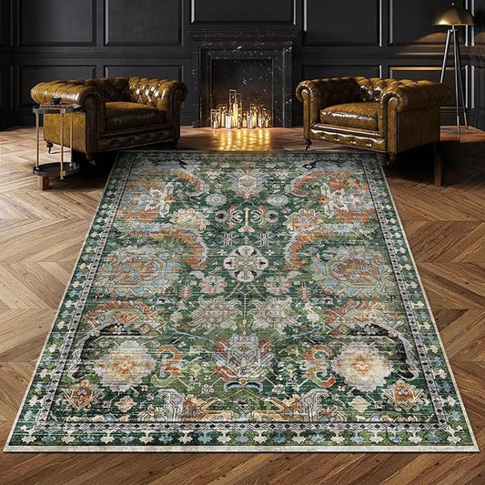 RUGSURE Washable Area Rugs - Perfect for Living Room, Bedroom, Kids Room, Nursery - Stain & Water Resistant Non-Slip, Pet & Child Friendly, Vintage Tribal Area Rugs (Green, 6' x 9')