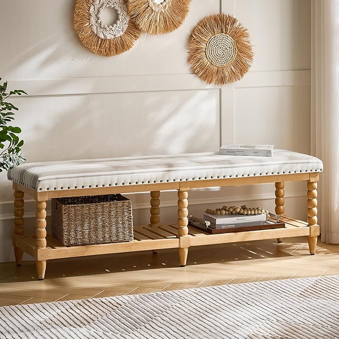 HULALA HOME Farmhouse Entryway Bench, 58" Fabric Bed Bench with Shelf, Solid Spindle Legs, Nailhead Trim Detail for Bedroom, Living Room, Hallway, TAN