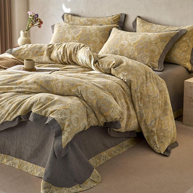 LifeTB Vintage Flower Duvet Cover King Yarn-Dyed Cotton Linen Textured Duvet Cover Jacquard Golden Floral Duvet Cover Bordered Garden Style Botanical Comforter Cover Chic Farmhouse Bedding Set King