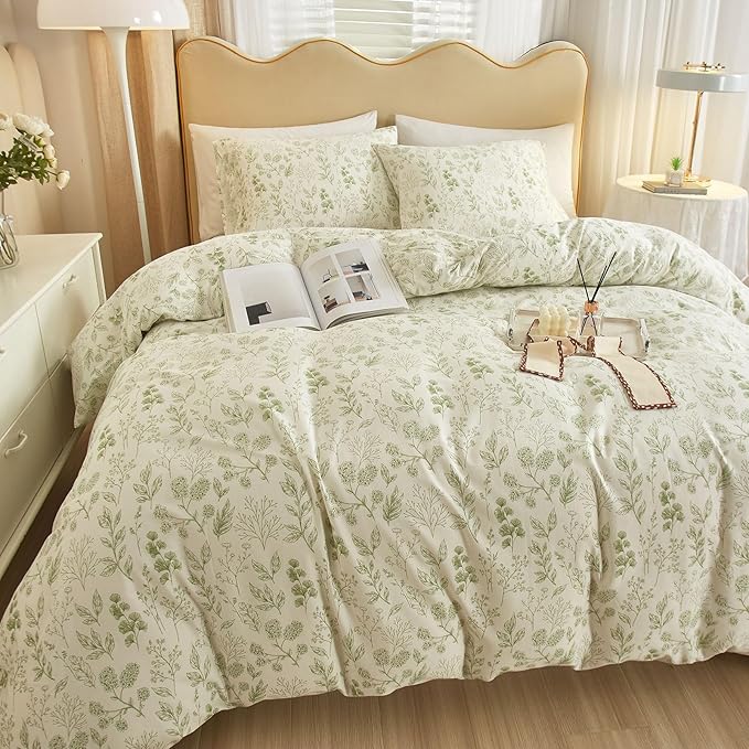 EAVD Fresh Green Floral Comforter Set Twin XL White Fluffy Soft Microfiber Chic Garden Floral Bedding Twin XL Bed Comforter and 2 Pillowcases Reversible Vintage Botanical Comforter Set for All-Season