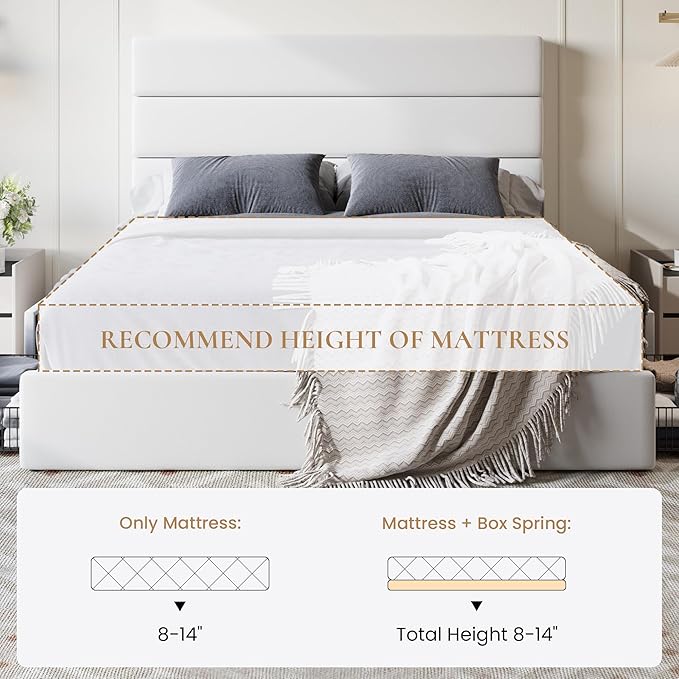 SHA CERLIN Queen Size Platform Bed Frame with 4 Storage Drawers, Velvet Upholstered Headboard, Mattress Foundation with Wooden Slats Support, No Box Spring Needed, Easy Assembly, White