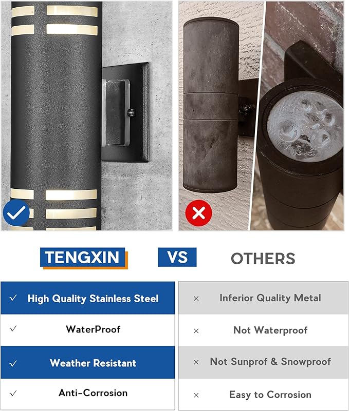 TENGXIN Outdoor Exterior Wall Light,Up and Down Cylinder Modern Porch Light,Stainless Steel 304 and Toughened Glass,Black Finished,E27,UL Listed