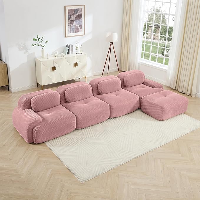 Pink Ottoman for Modular Sectional Sofa, Corduroy Deep Seat for Oversized Compressed Boneless Sectional Couches for Living Room Bedroom Apartment, Cloud Sofa Couch, Memory Foam, No AssemblyPink