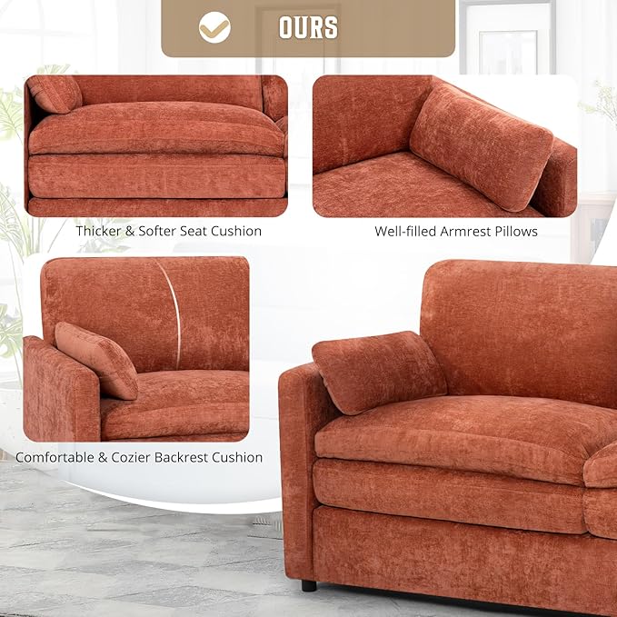 89" Chenille 3 Seats Sofa with 2 Pillows, Modern Upholstered Sofa with Deeper Seats, Comfy Sofa with Thickened Cushions for Living Room, Apartment, Orange