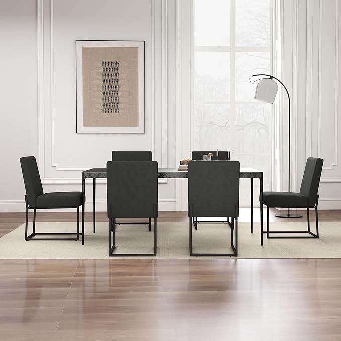 VKNOW Upholstered Dining Chairs Set of 6, Modern Dining Room Chairs, Linen Kitchen Chair Dinner Chair with Black Metal Base for Kitchen Office, Dark Grey-Unstriped