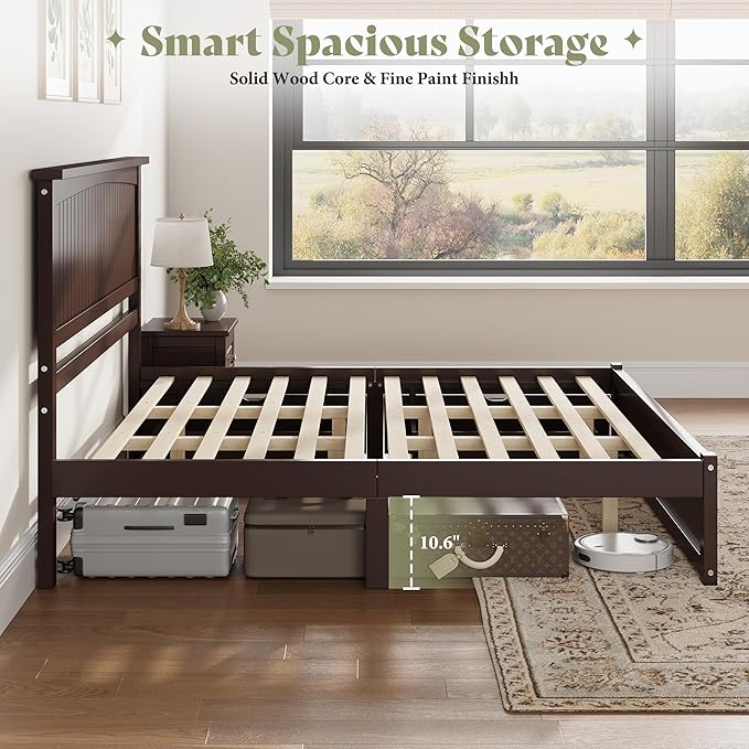 AMERLIFE Full Size Solid Wood Bed Frame with 50" Tall Headboard, Mid-Century Modern Bed with Storage, Wooden Platform Bed with 2 Drawers, No Box Spring Needed, Espresso