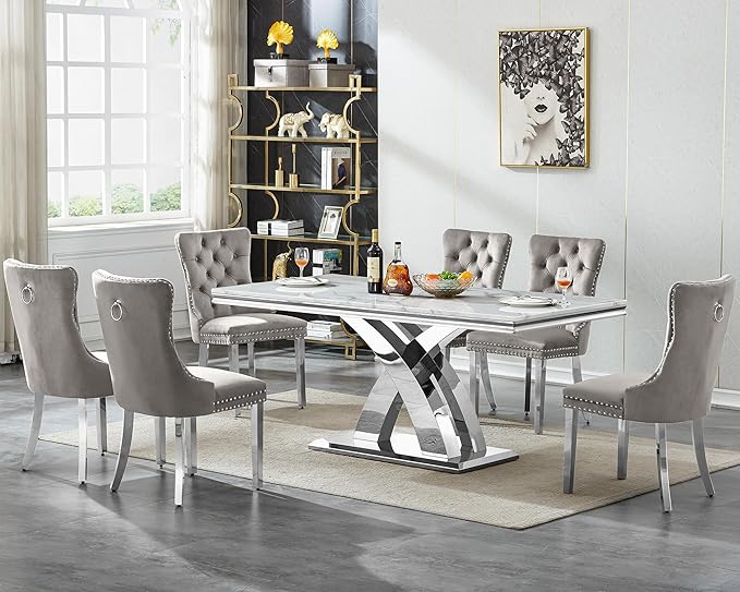 Goujxcy 68" Marble Dining Table Set for 6, Modern Rectangle Dining Room Table Set for 6, Luxury White Silver Marble Kitchen Table and Chairs Set of 6 for Living Room,Kitchen