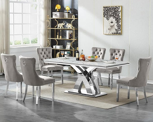Goujxcy 68" Marble Dining Table Set for 6, Modern Rectangle Dining Room Table Set for 6, Luxury White Silver Marble Kitchen Table and Chairs Set of 6 for Living Room,Kitchen