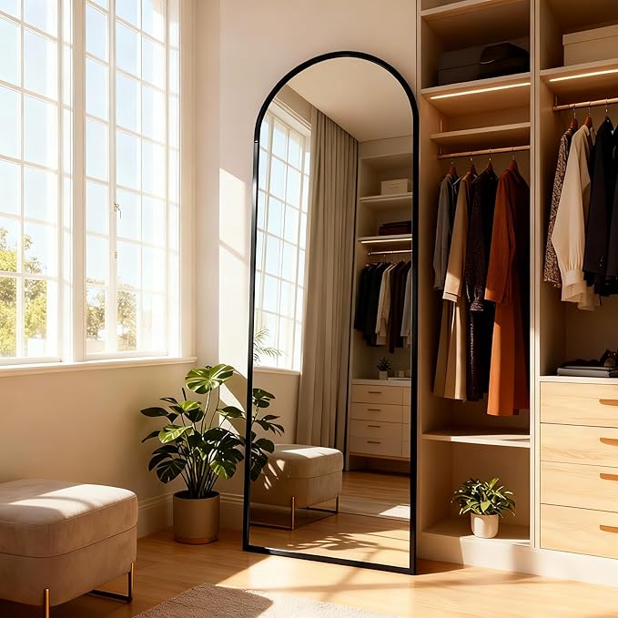 Arched Full Length Mirror,64" L x 20" W Floor Mirror, Aluminum Alloy Frame, Shatterproof Glass - Free Standing, Leaning or Wall Mounted for Bedroom, Living Room, Entryway, Modern Home (Black)