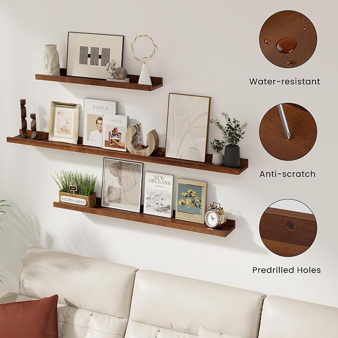 Solid Ash Wood Picture Ledge Shelf, Floating Shelves Set of 2, 56 Inch Long Large Ledge Shelves, Nursery Book Shelves Wall Mounted for Living Room Bedroom Kitchen Decor Kids Bookshelf, Walnut