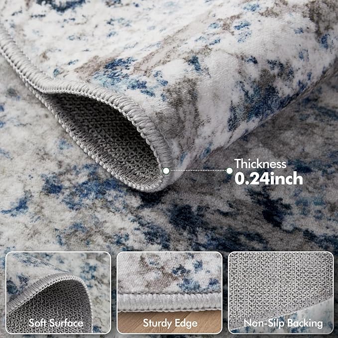 5ft Round Area Rug for Living Room- 5x5 Washable Neutral Abstract Rug for Bedroom Modern Soft Dining Room Rug No Slip Low Pile Carpet for Nursery Home Office Decor - Grey/Blue