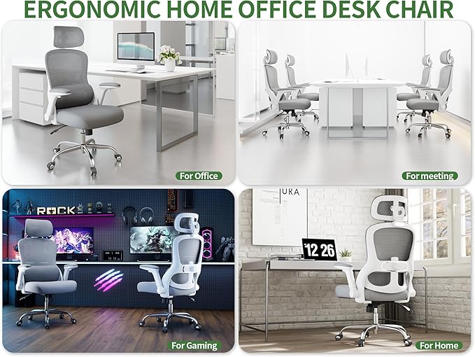 Ergonomic Office Chair - Computer Desk Chairs Comfy, Mesh High-Back Gaming Chair with Adjustable Lumbar Support, Executive Task Chair for Adults, Comfortable for Long Hours (White Grey)