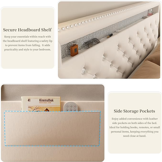 King Led Bed Frame with 2 Drawers, Heavy King Size Platform Bed Frame with Storage, Upholstered Bed Frames with Adjustable Headboard, Noise Free, Easy Assembly, No Box Spring Needed, PU White