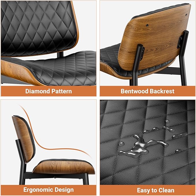 Dining Chairs Set of 4, FSC Certified Mid Century Modern Accent Dining Room and Kitchen Chairs, Upholstered PU Leather Diamond Check Chairs with Walnut Bentwood and Metal Legs, Black