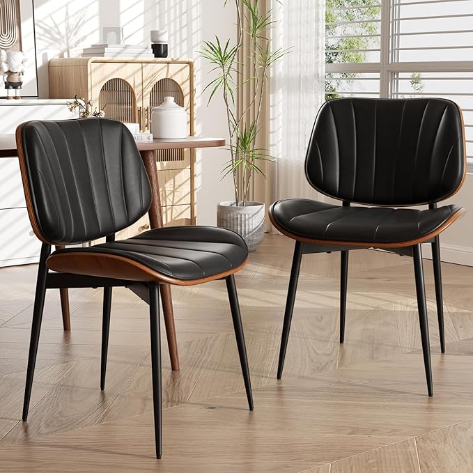 Dining Chairs Set of 6, Mid Century Modern Dining Room Chairs, Upholstered Faux Leather Kitchen Chair with Walnut Bentwood Back and Metal Legs for Kitchen Living Room, Black