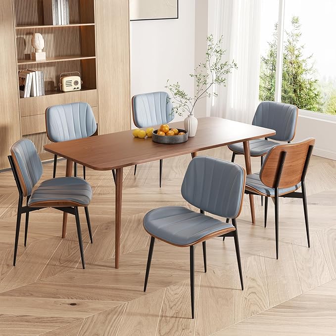Dining Chairs Set of 8, Mid Century Modern Dining Room Chair, Upholstered Faux Leather Kitchen Chairs with Walnut Bentwood Back and Metal Legs for Kitchen Dining Room Living Room, Blue