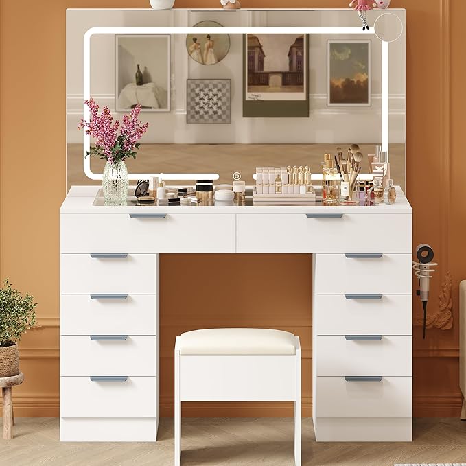 Garvee Vanity Desk with Large Mirror and Lights & Magnifying Glass, Makeup Table, Dressing Table Set with Stool, Power Outlet, 3 Lighting Modes, 10 Drawer, White