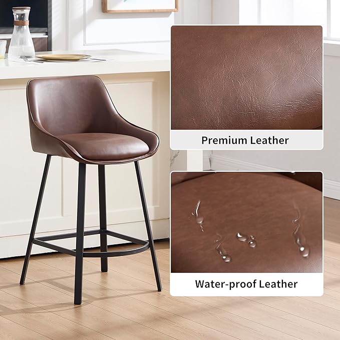 26" Modern Bar Stools Set of 2, Faux Leather Upholstered Bar Stools, Counter Height Bar Chairs with Back for Kitchen, Dining Room, Cafe, Bar - Coffee
