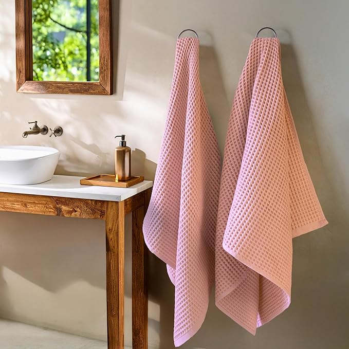 Püskül - Luxury Waffle Towel Set for Bathroom 4 Pieces Pink, Premium Quality Organic 100% Turkish Cotton 2 Hand and 2 Bath Towels Sets, Quick Dry Thin Waffle Towels, Made in Turkiye (Pink)