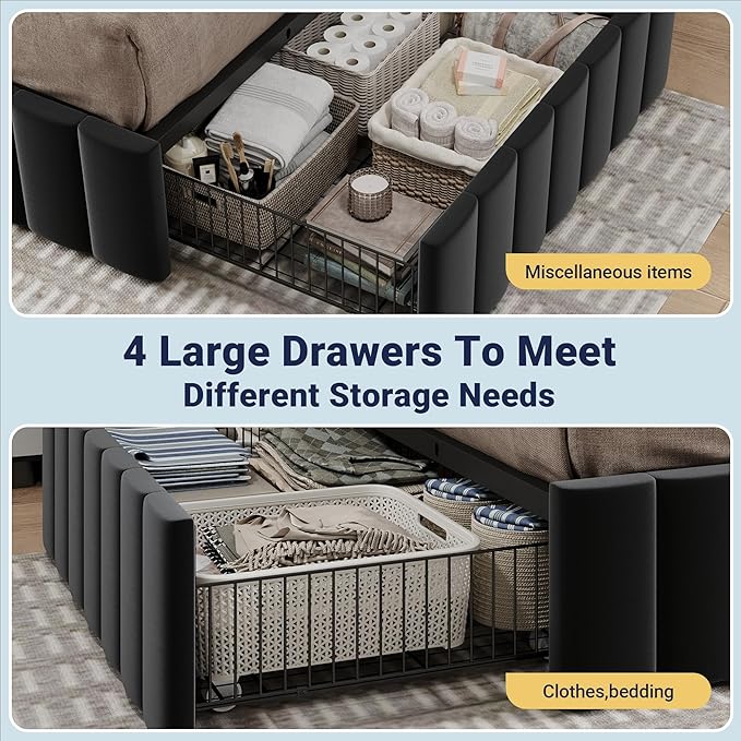 Allewie King Size Platform Bed Frame with 4 Large Storage Drawers, Velvet Vertical Channel Tufted Upholstered Bed Base, Wooden Slats Support, Noise-Free, No Box Spring Needed, Easy Assembly, Black
