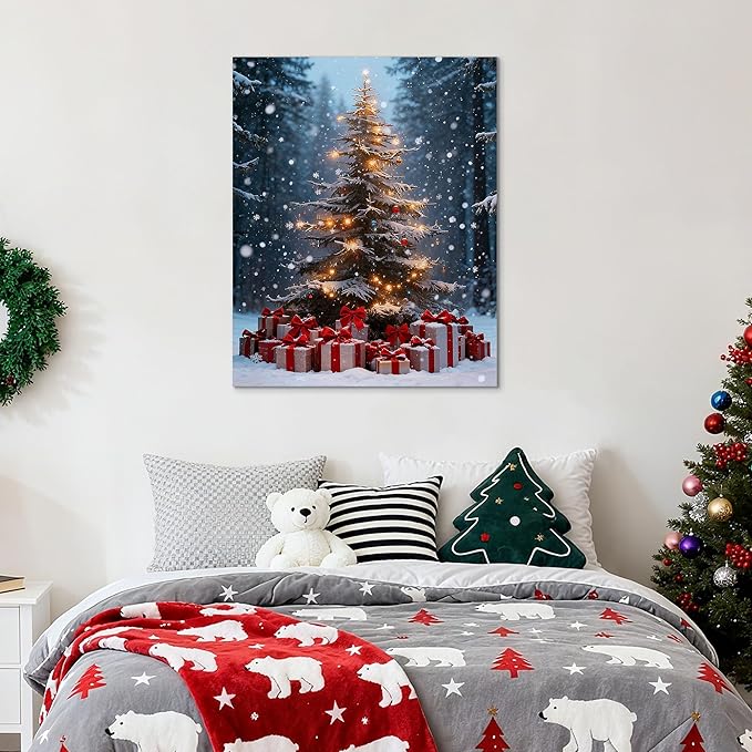 Framed Christmas Pictures Wall Decor,Vintage Pine Tree Prints,Winter Christmas Canvas Wall Art Decoration for Bedroom Bathroom Living Room Rustic Xmas Holiday Gifts (Christmas Tree 14, 11'' X 14'')