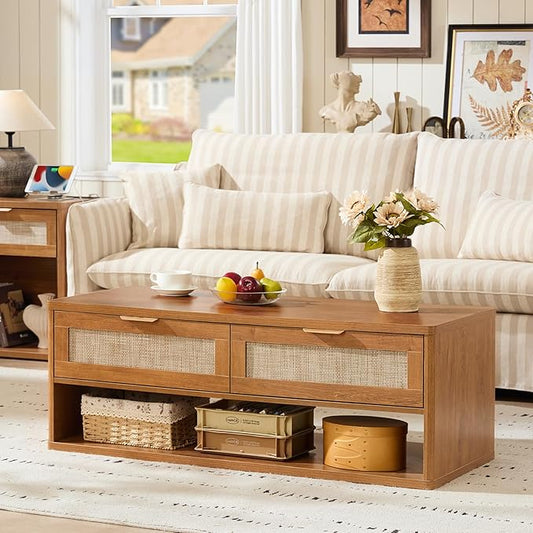 LEYAOYAO 48" Farmhouse Boho Rattan Coffee Table with 2 Woven Drawers,Rectangular Coffee Tables with Hidden Storage Compartment,Curved Profile Design,Wooden Center Table for Living Room,Office,Brown