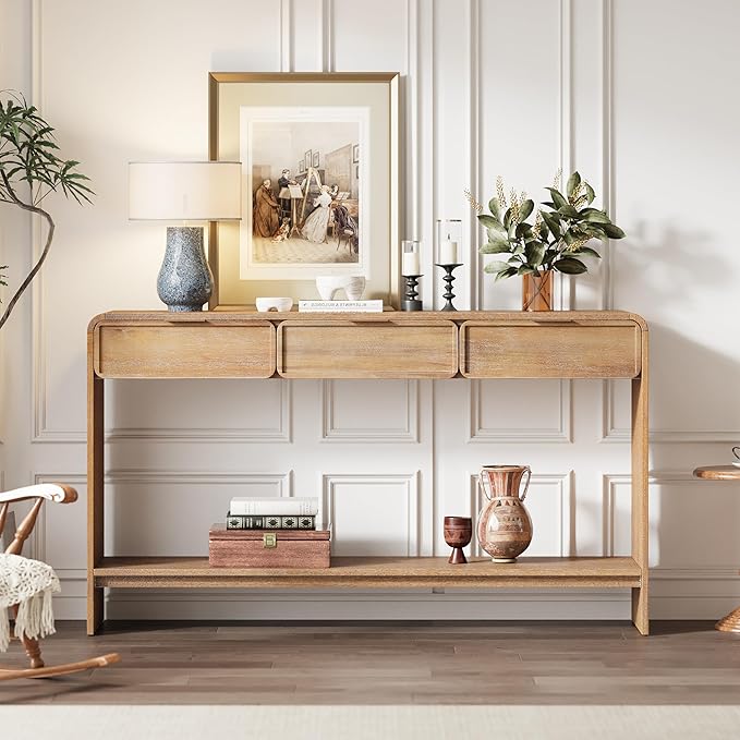 Christopher Knight Home Tida Vintage Narrow Console Table with Drawers, Solid Wood Entryway Table with Open Storage Shelf, Behind The Couch Long Sofa Table for Living Room, Natural
