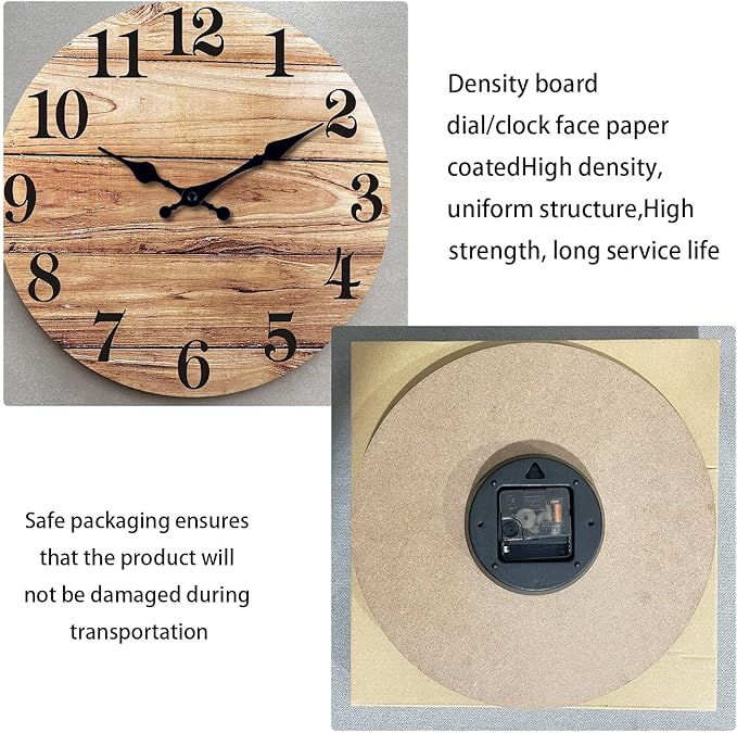XNM Round Wood Wall Clock for Kitchen 12 Inch Farmhouse Small Wall Clocks Battery Operated Brown Wall Clock Silent (MDF No Solid Wood)