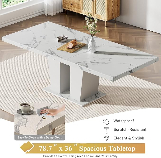 5-Piece Extendable Dining Table Set for 4-8 People 63-78 Inch Kitchen Table Set with 4 Black Upholstered Chairs Modern White Faux Marble Rectangular Dining Room Table Set for Kitchen Apartment