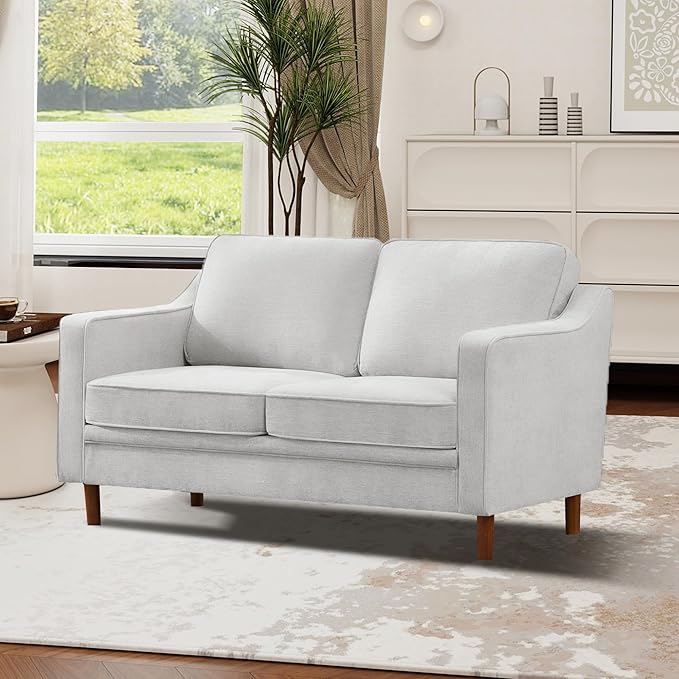 Kingfun 56" Chenille Sofa, Loveseat Couch, Mid Century Modern Love Seat Couches with Solid Wood Frame for Living Room & Bedroom, Silver Gray
