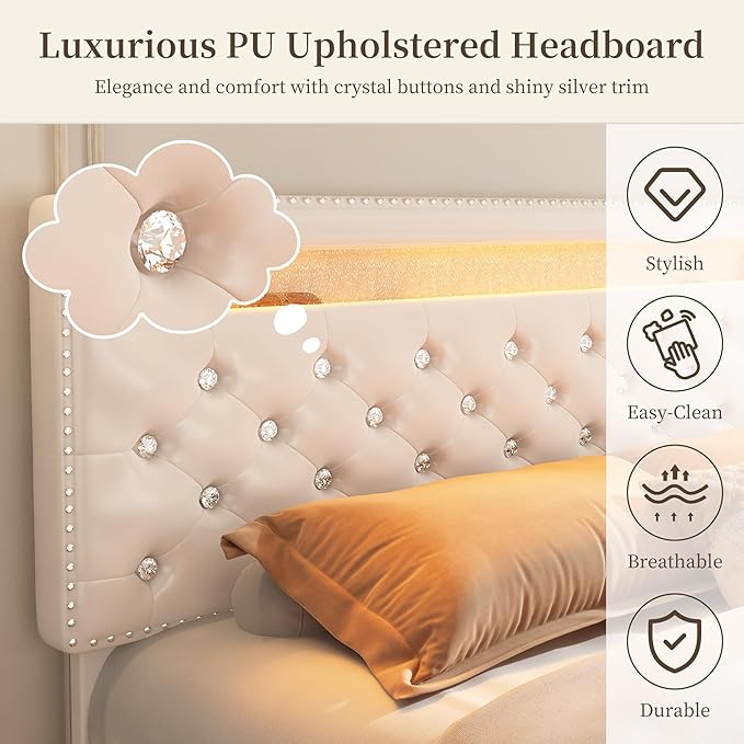 Queen Led Bed Frame with 2 Drawers, Modern Metal Platform Bed Frames Queen Size with Storage, Adjustable Height Crystal Button Tufted Headboard, No Box Spring Needed, Easy Assembly, PU White