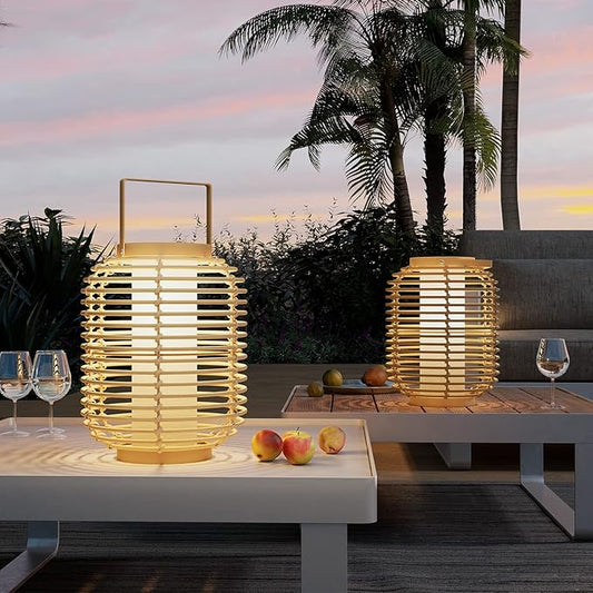 Solar Yard Outdoor Austin Solar Powered Floor Lamp Set of 2, 14-inch Wicker Woven LED Lamp, Water-Resistant Garden Light, Boho Style, Decor for Balcony, Porch, Yard, Pathway, Natural Color
