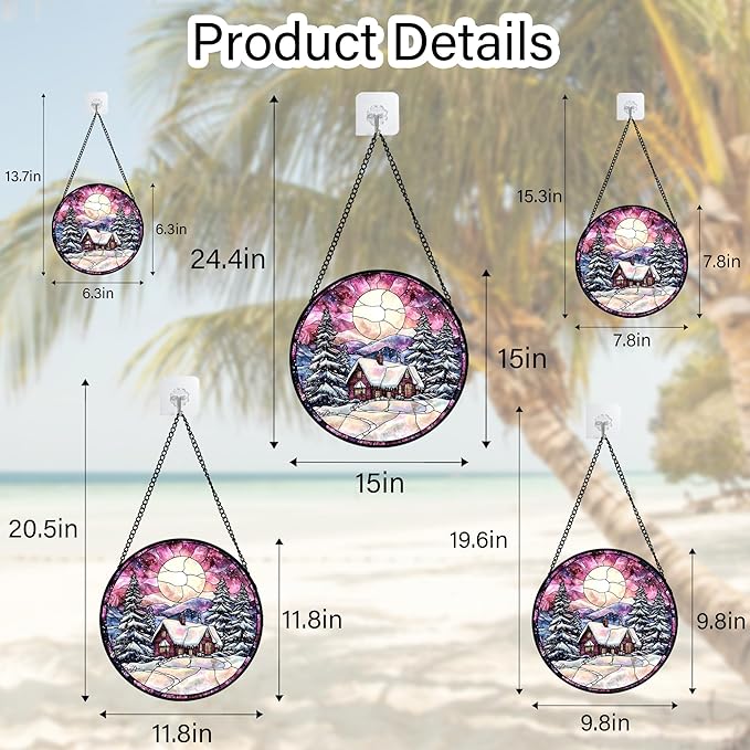 Stained Glass Window Hanging - Winter Snow Scene Cabin Moon Sun Catcher for Door Garden Home Decor Pine Tree Suncatcher Christmas Mother's Day Birthday Gifts for Women Men Mom Nana 7.8 in