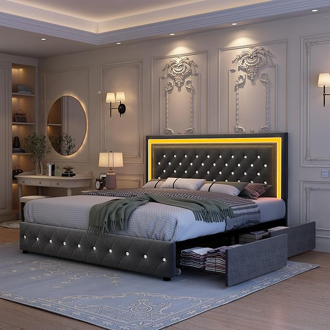 Full Bed Frame with LED Lights, Storage Drawers, No Box Spring Needed, 900 lbs Capacity, Easy Assembly, Velvet Grey