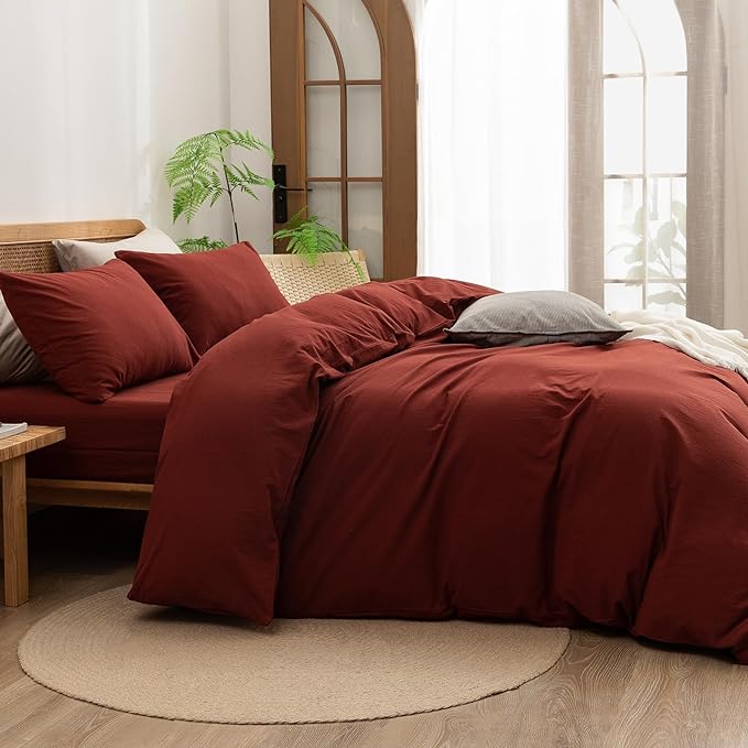 BESTOUCH Duvet Cover Set 100% Washed Cotton Linen Feel Super Soft Comfortable Chic Lightweight 3 PCs Home Bedding Set Solid Fired Brick Red Queen