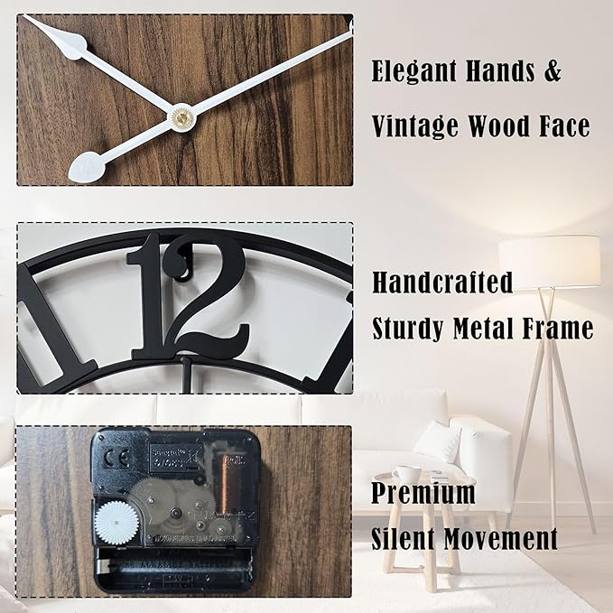 Large Metal Wall Clock, 24 Inch Retro Decorative Silent, Non Ticking, Battery Operated Modern Big Wood Wall Clock for Living Room, Farmhouse, Bedroom, Fireplace, Kitchen, Office, Home Decor
