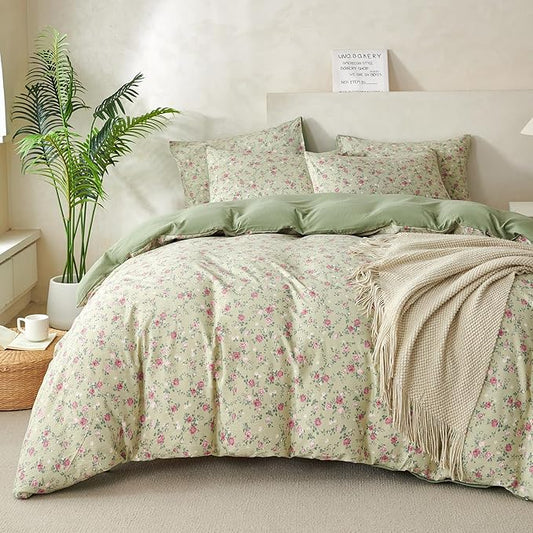 Floral Comforter Queen Set 3 Pieces Soft Cute Fresh Floral Bedding Lightweight Garden Style Floral Botanical Comforter for All Seasons and 2 Pillowcases