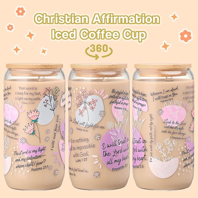 16oz Bible Verse Coffee Mug for Women – Christmas Christian Gifts, Daily Bible Affirmations Glass Tumbler with Straw – Inspirational Religious Coffee Cup for Birthday, Mother’s Day, or Faith Lovers